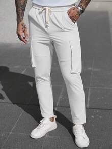 Manfinity CasualCool 男士白色斜插口袋抽绳腰休闲裤，春夏款 - 白色 - 查看 1