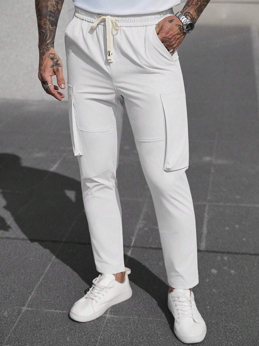 Manfinity CasualCool 男士白色斜插口袋抽绳腰休闲裤，春夏款 - 白色 - 查看 1
