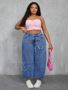 Slaydiva Quần jean denim rách họa tiết trái tim, dáng rộng, cỡ lớn, kiểu dáng thường ngày. - Màu xanh lam - Xem 7