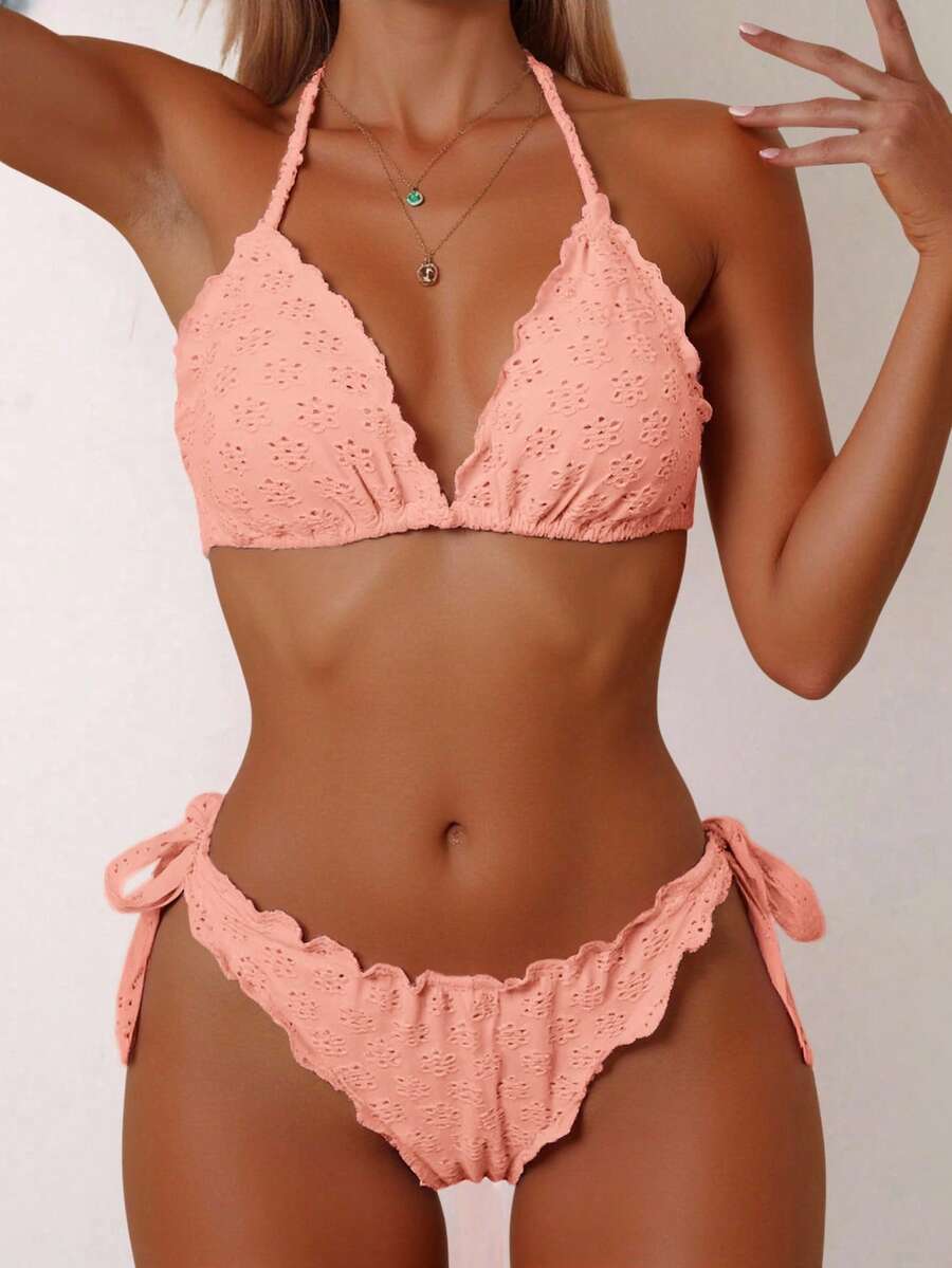 Vivid Eden Women's Solid Color Textured Swimwear Set For Vacation & Beach - Orange - View 1