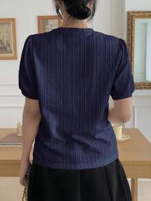 DAZY Kaos Wanita Musim Panas Leher Bulat Kasual Serbaguna Longgar Lengan Pendek untuk Berpergian - Navy Blue - View 5