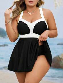 Swim Lushoire Bộ đồ bơi kín đáo 2 mảnh dành cho nữ cỡ lớn, gồm áo hai dây phối họa tiết, dây mảnh và eo xếp ly, dáng chữ A, thích hợp cho kỳ nghỉ hè. - Đen và trắng - Xem 1