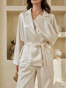 Dazy-Less Women's Solid Color Lapel NeckLong Sleeve Jacket And Wide Leg Pants Elegant Suit Set - Beige - View 4