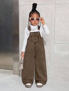 SHEIN 女童休闲牛仔连体裤，带口袋，适合日常穿着和度假 - 棕色 - 查看 3