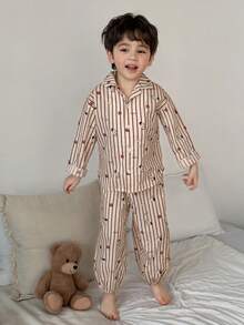 DAZY Young Boy Striped Pattern Long Sleeve Button-Up Top And Pants Pajama Set - Khaki - View 7