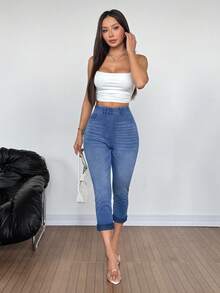 SHEIN Tall Quần thể thao nữ mùa hè, chất liệu co giãn thoải mái, cạp chun, dáng ôm, dài đến mắt cá chân, màu xanh dương, đa năng. - Rửa trung bình - Xem 3