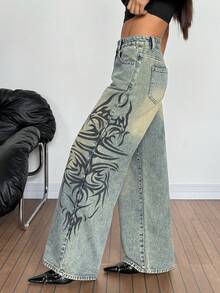 SHEIN PETITE Women's Graphic Print Slant Pocket Casual Versatile Wide Leg Jeans - Black - View 6