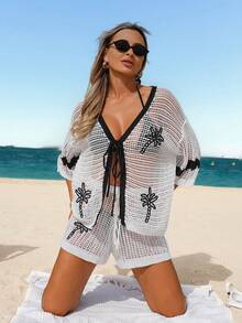 Swim Vcay 春夏镂空V领七分袖沙滩罩衫 - 黑與白 - 查看 5