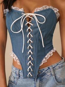Glamine Sexy Blue Denim Patchwork Contrast Ruffle Lace-Up Asymmetric Hem Bandeau Top For Women - Blue - View 2