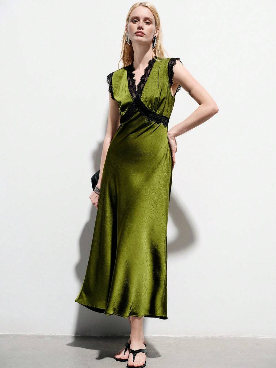 Aveloria Modichic Elegant Commuting & Dating Luxury Textured Satin V-Neck Colorblock Lace Trim Waist Fitted Sleeveless Dress - Green - View 1