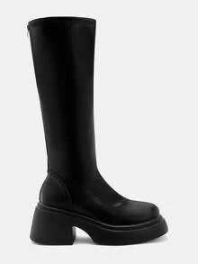 Glitzique 新款厚底粗腿高筒靴，带松紧带，不掉落靴口，秋冬款，女靴 - 黑色 - 查看 9