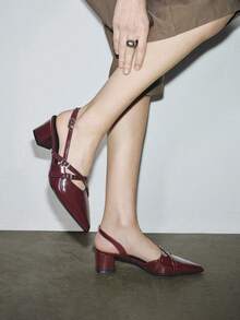 女士酒红色漆皮尖头搭扣粗跟礼服高跟鞋，优雅尖头正式高跟鞋，时尚露跟高跟鞋，情人节礼物 - 酒紅色 - 查看 6