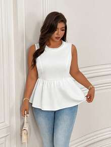 Femmeverse Plus Size Women's Elegant & Fashionable Round Neck Beaded Decor, Flared Hem, Sleeveless Solid Color Blouse - White - View 3