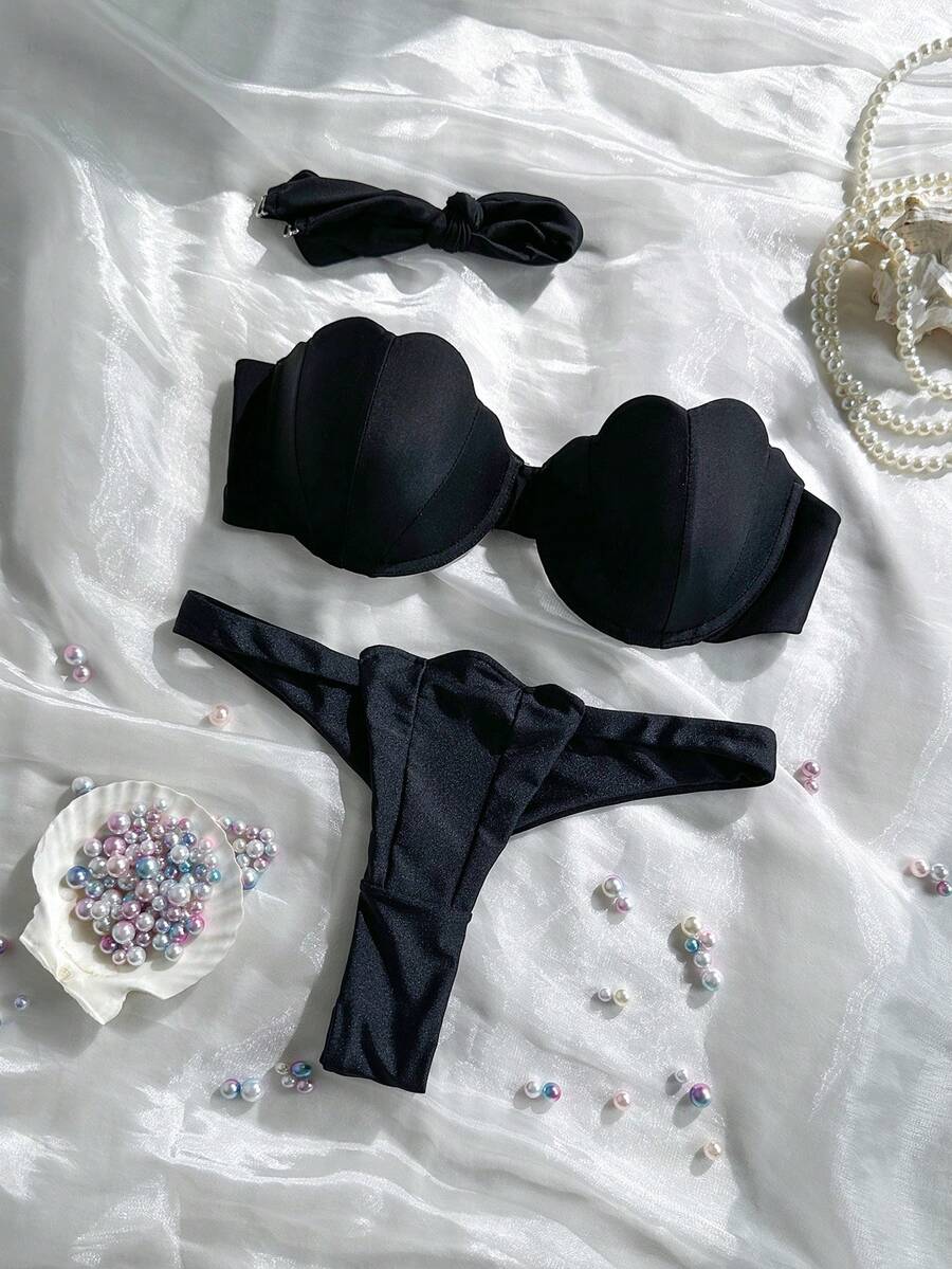 Swim Mod 两件套花瓣拼接硬杯可拆卸肩带纯色性感比基尼套装，黑色配黑色罩杯 - 黑色 - 查看 1