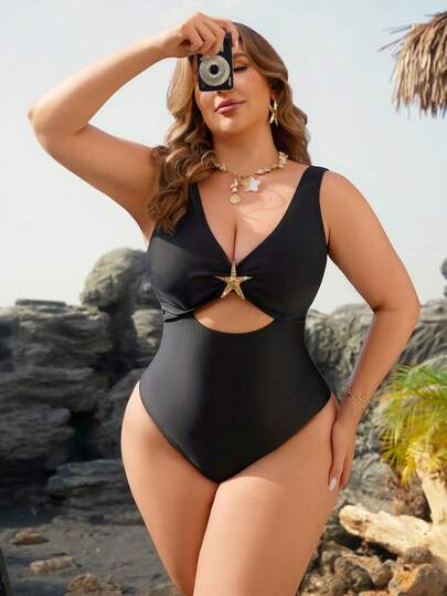 Swim Lushoire New Plus Size Women's One-Piece Swimsuit With Star Decor, Hollow-Out Chest Design, High-Waist Triangle Bottom