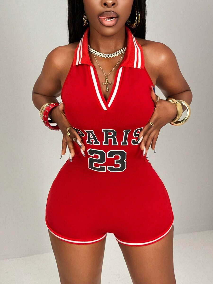 BamGleam Women's Sexy Letter & Number Print Backless Halter Romper, Summer - Red - View 1