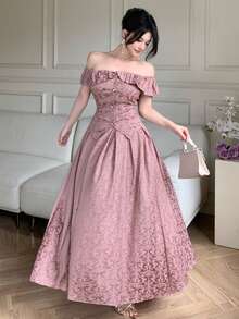 DAZY Women's Elegant Floral Off-Shoulder Ruffle Blouse And A-Line Skirt 2-Piece Set, Summer - Pink - View 10