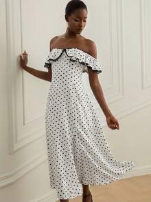 BELROSIE French Retro White With Black Polka Dots Ruffle Contrast Lace Hem Flared Skirt, Adjustable Straps Versatile Romantic Elegant Dress Garden Party - White - View 3