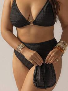 Aralina 女士泳装两件套，曲线纹理面料细节，高腰泳裤，含泳衣袋，是海滩装扮和夏季装扮的完美之选。 - 黑色 - 查看 4