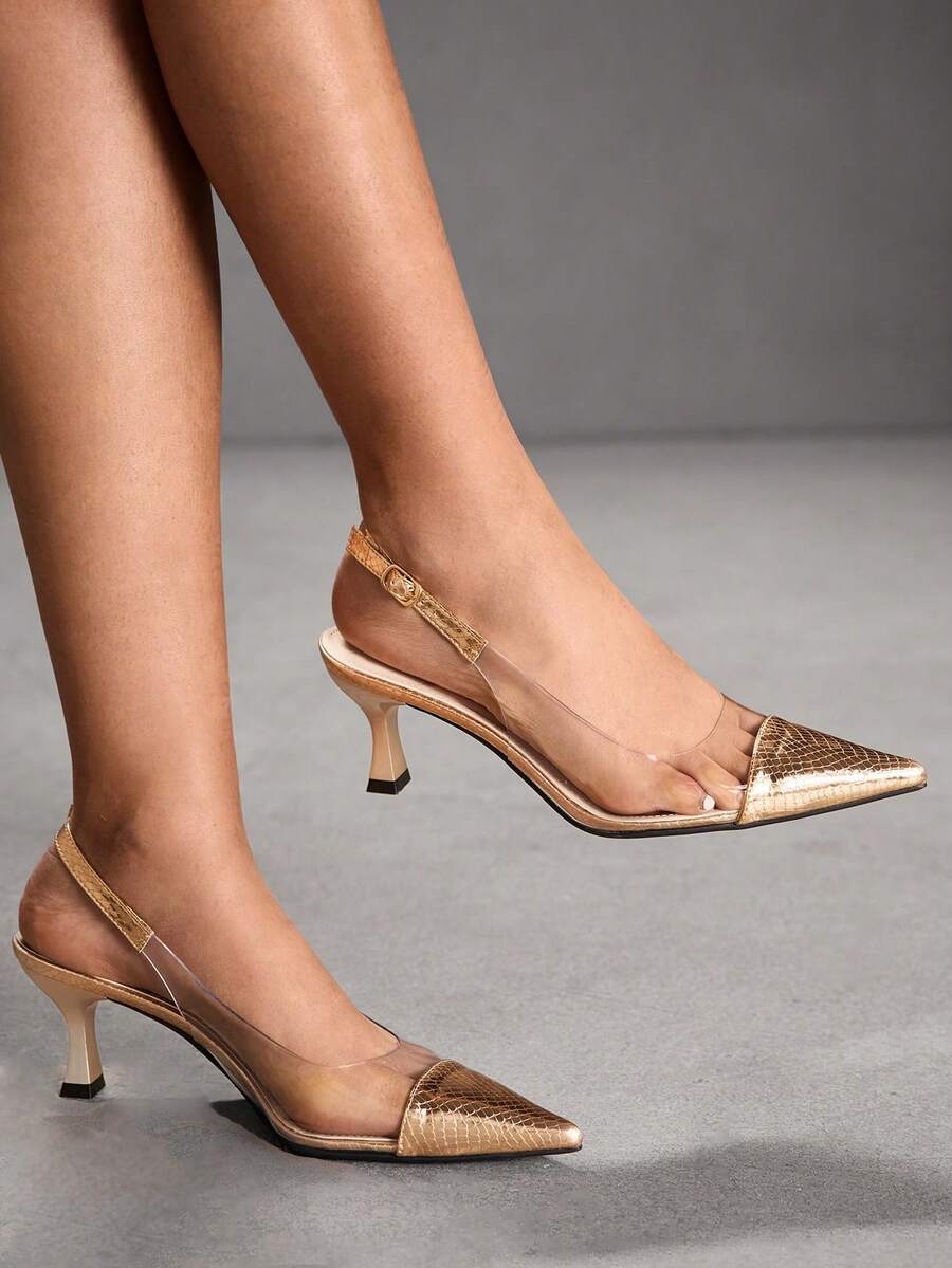 CUCCOO SZL Giày cao gót mũi nhọn trong suốt bằng TPU, kiểu dáng thanh lịch, thích hợp đi làm, dự tiệc hoặc công sở, màu mơ, dành cho nữ dịp Giáng sinh. - Rượu sâm banh - Xem 1