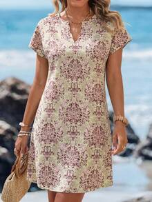 Sylviya Summer Allover Print Notched Neck Batwing Sleeve Tunic Dress - Dusty Pink - View 5