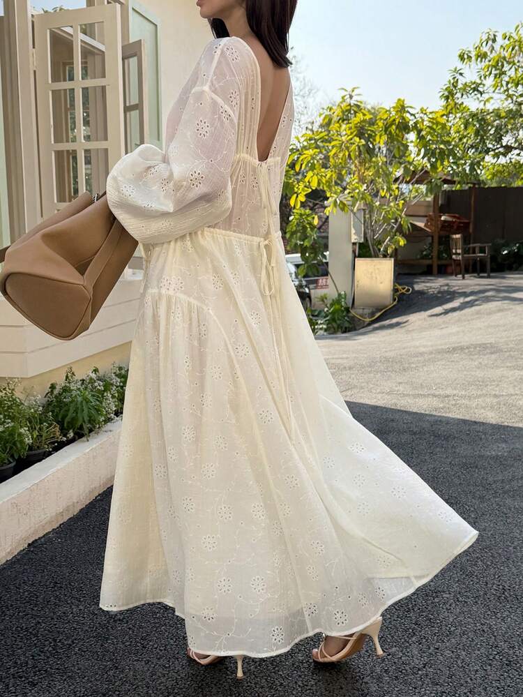 Women's Round Neck Lace Textured Fabric Backless Tie-Up Loose Maxi Vacation Dress
