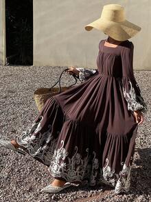 DAZY Women's Square Neck Long Sleeve Bohemian Style Elegant Cinched Waist Waist Dress, Vacation Vibe Maxi Dress Sundress Boho - Brown - View 6