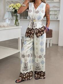 DAZY Women's V-Neck Sleeveless Printed Cinched Waist Waistcoat And Wide Leg Pants Two Pieces Vacation Set - Apricot - View 3