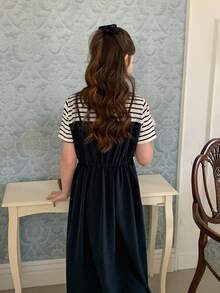 DAZY Tween Girl Striped Patchwork Round Neck Short Sleeve Button Design Casual 2 In 1 Dress - Blue - View 6