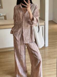 DAZY Women's Casual Cashew Print Drop Shoulder Long Sleeve Button-Up Shirt And Pants 2-Piece Set - Pink - View 6