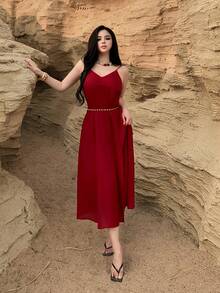 Women's Elegant Solid Color Spaghetti Strap Mid-Length Dress, Summer Maxi Dress Sundress - Burgundy - View 4