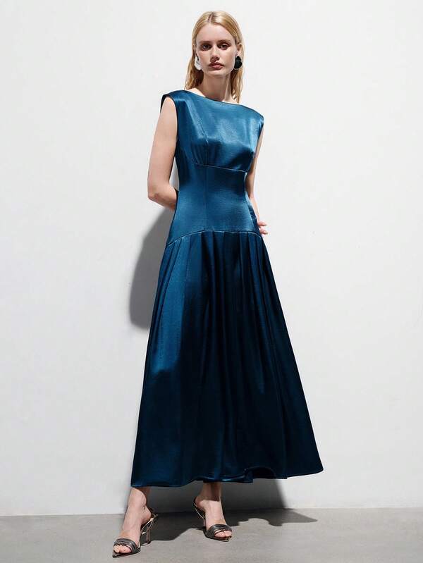 Aveloria Modichic Vestido elegante y elegante para ir al trabajo, de cuello redondo sin mangas clásico, con cintura fruncida de pliegues anchos y falda de talle bajo para mujeres