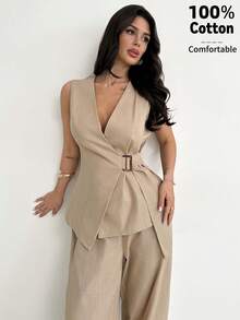 Firerie 优雅简约日常通勤办公套装，卡其色无袖V领金属扣腰带上衣搭配中腰宽松直筒裤，春夏女装套装，教师装，工作服，办公室套装，女士裤装 - 卡其色 - 查看 10