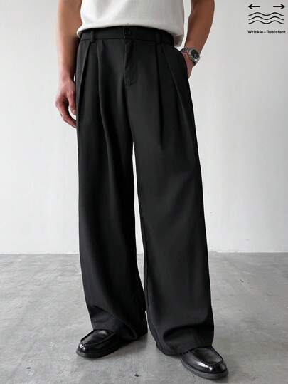 HUEFORM メンズ シワ防止 高品質 通勤用 ヴィンテージ ストレート ワイドレッグ パンツ、シンプルなデザインで洗練された雰囲気