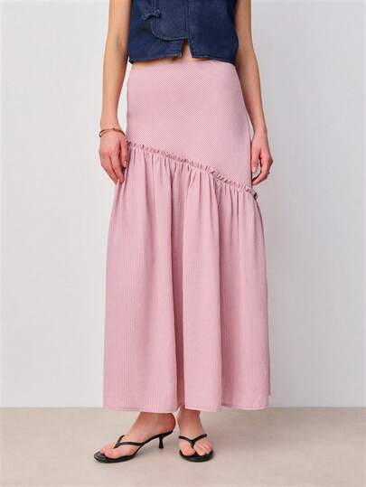 Nöista Stripes Midi Skirt With A High Waist And Asymmetrical Ruffled Detailing. Formal Event, Wedding, Easter, Spring, Summer,