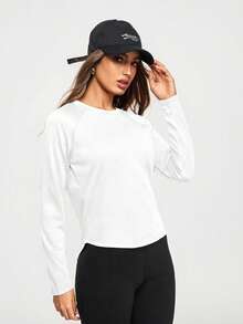 SHEIN Sports 女士纯色圆领休闲百搭日常长袖运动T恤 - 白色 - 查看 3