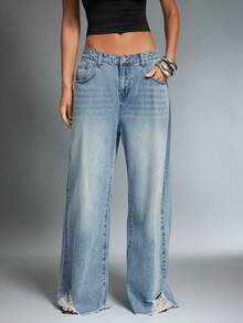 Denimoi Distressed Hem Wide Leg Denim Jeans Fashionable Streetwear Boyfriend Jeans Wide Leg Jean - Medium Wash - View 3