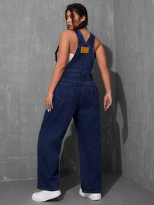 SHEIN ICON Plus Size Casual Versatile Washed Denim Bib Overalls - Dark Wash - View 2