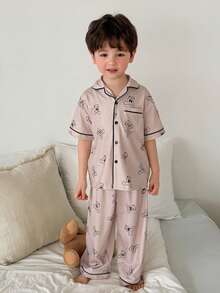 DAZY 小男孩卡通熊单排扣短袖上衣和裤子睡衣套装 - 卡其色 - 查看 7
