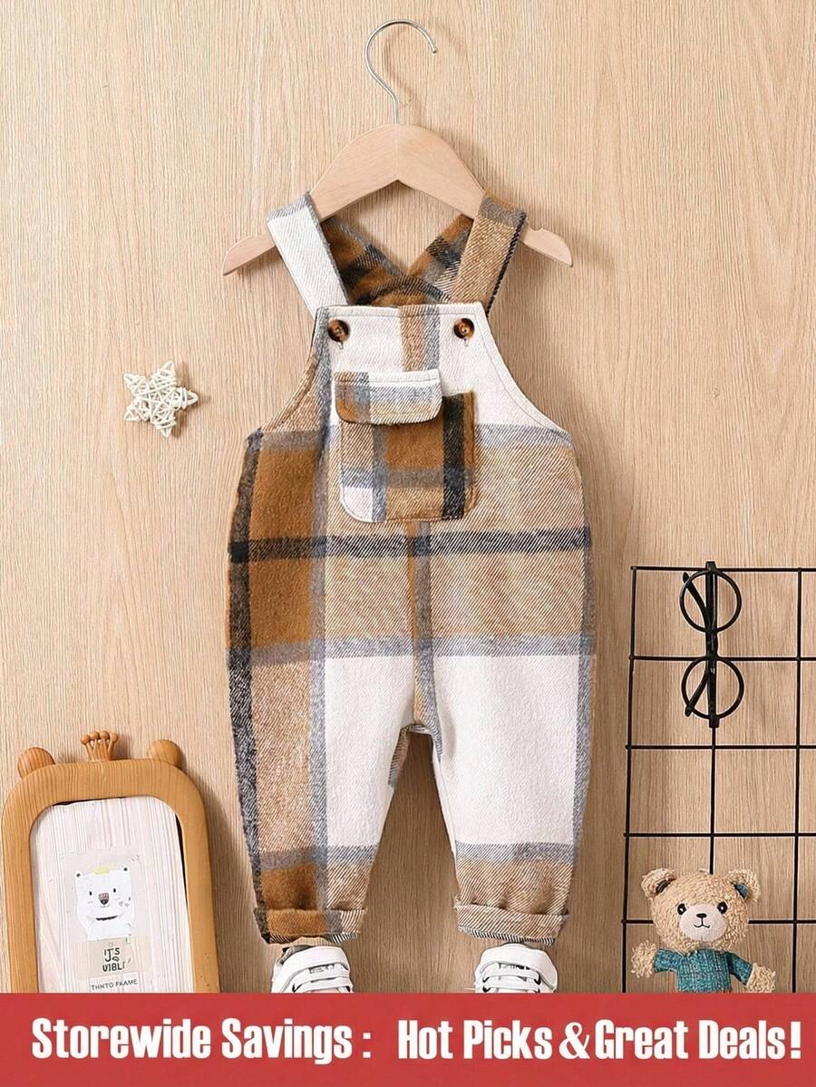 Baby Boy Plaid Print Flap Pocket Overall Jumpsuit, For Christmas - Coffee Brown - View 1