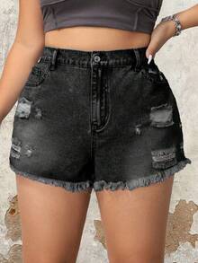 SHEIN ICON Plus Size Women Distressed Frayed Hem Washed Denim Shorts - Dark Grey - View 6