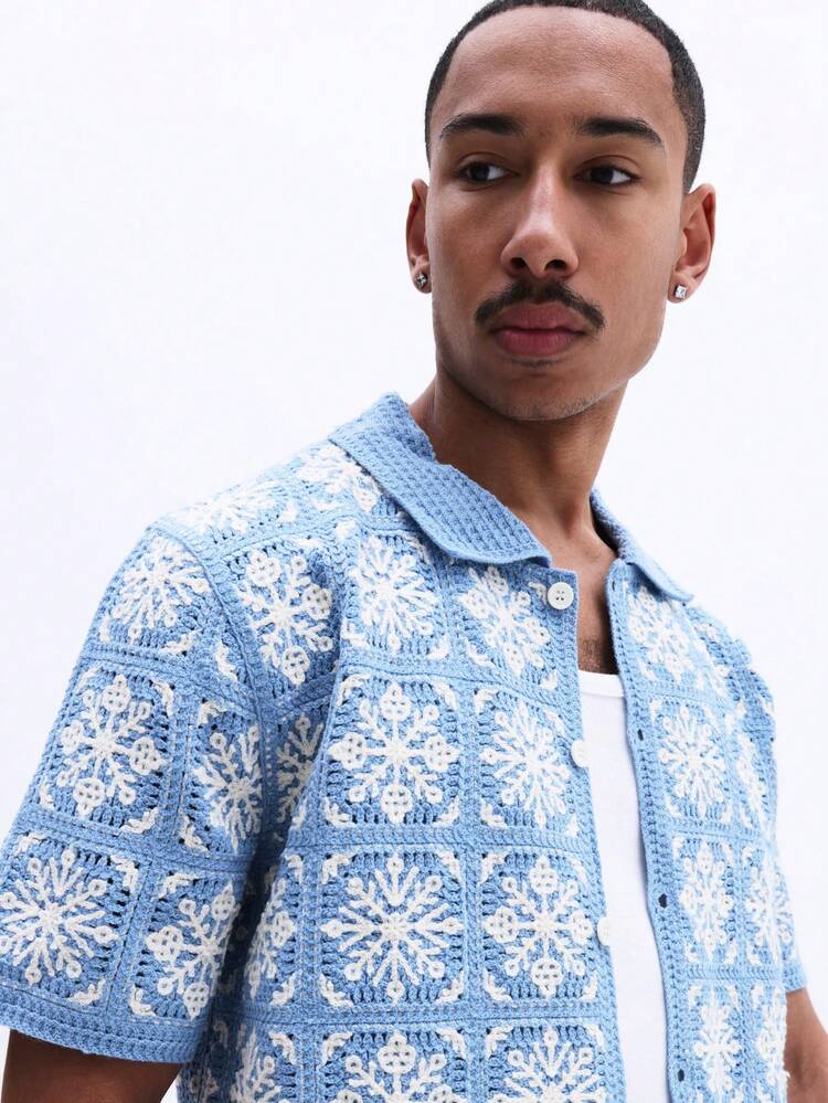 Crochet Boxy Fit Shirt With Snowflake Pattern
