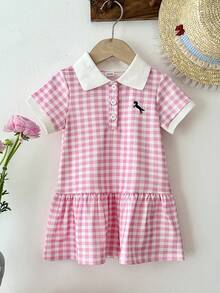 SHEIN 女嬰夏季 Polo 領短袖洋裝 粉色與白色格紋編織 甜美優雅公主裙 可愛活力 女嬰適用 - 粉色 - 查看 5