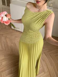DAZY Đầm dài xếp ly lệch vai, phối ren tinh tế dành cho nữ, thích hợp cho mùa hè, dự tiệc cưới, váy hè. - Màu vàng - Xem 9