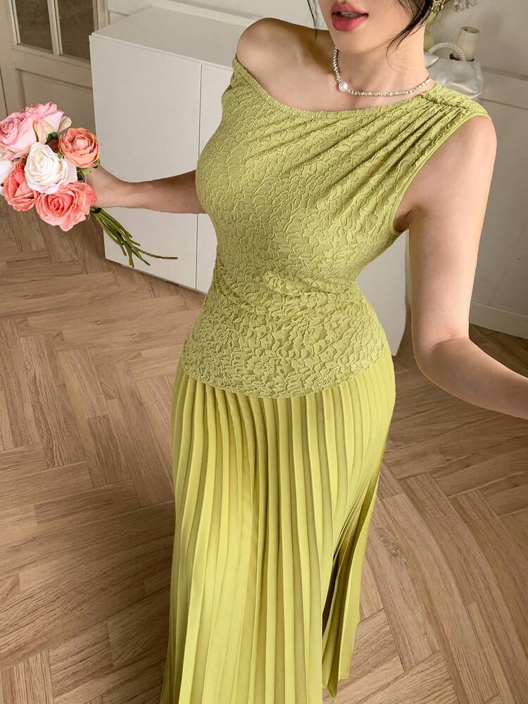 Women's Elegant Lace Patchwork Asymmetrical Shoulder Pleated Long Dress, Summer, Wedding Guest Dress Women Dress Sundress
