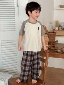 DAZY Young Boy Letter & Cartoon Animal Print Short Sleeve Top And Plaid Pants Pajama Set - Apricot - View 3