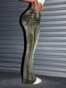 SHEIN EZwear 大码女式弹力水洗喇叭牛仔裤，优雅牛仔裤 - 黑色 - 查看 4