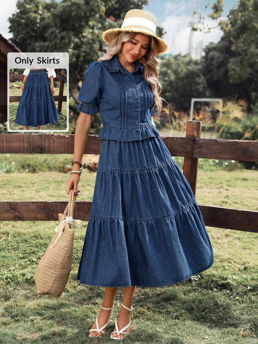 Breezaya Women's Casual Vacation Style Ruched Denim Maxi Skirt Spring Summer  Vacation - Dark Wash - View 1