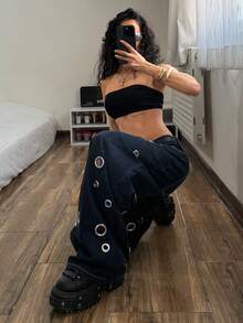 SHEIN HypeZone 时尚低腰喇叭牛仔裤 - 黑色 - 查看 7