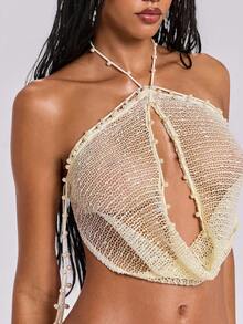 ROMWE Avant 女士度假风珍珠网纱透视深V领无袖上衣 - 米色 - 查看 6